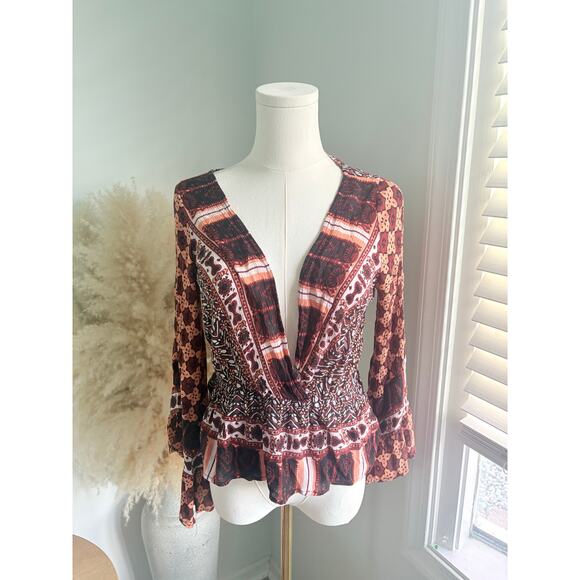 Free People Rosalie Bell Sleeve Faux Wrap Blouse Small Boho Hippie Festival - Picture 2 of 8